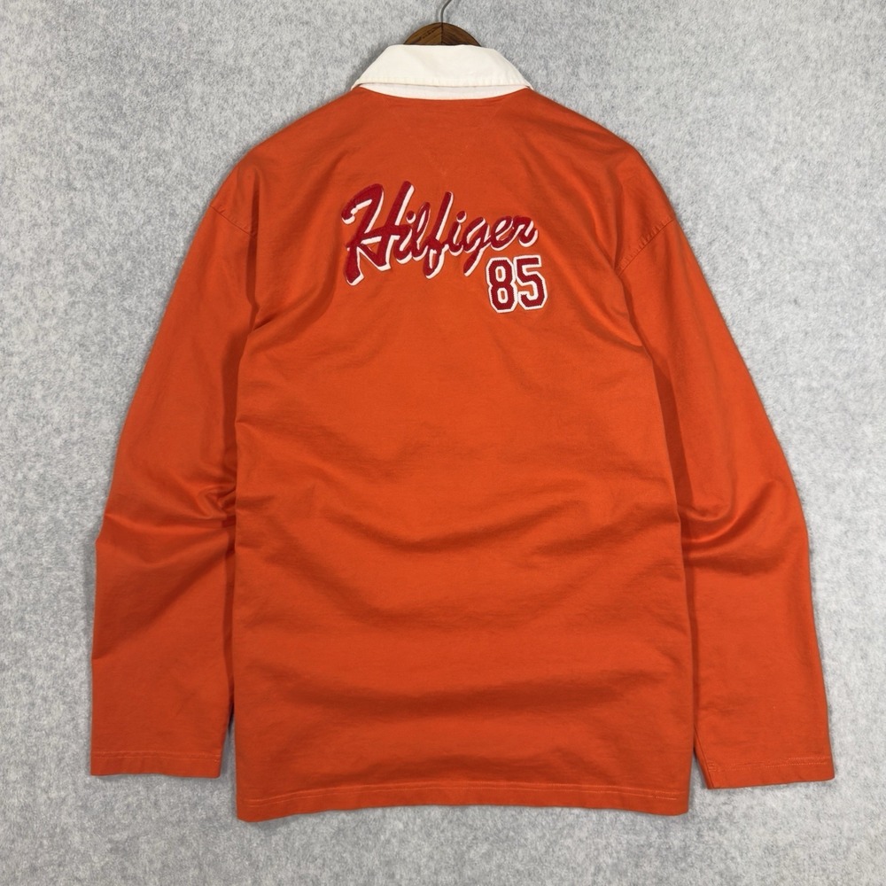 Tommy Hilfiger Polo Mens XL Orange Hilfiger 85 Back Spellout Rugger Streetwear